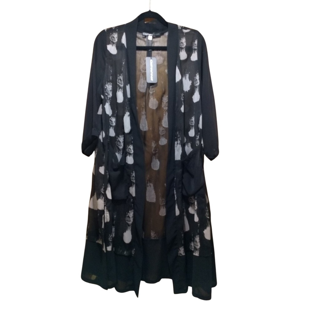 Clotheshead Duster Black Semi Sheer Women M Brush Stroke Pattern Tie Pockets NWT